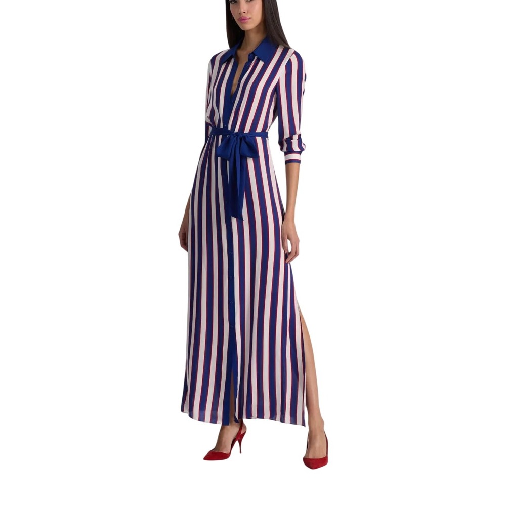 Alice + Olivia Chassidy Nouveau Stripe Maxi Dress Twilight Blue Red White Medium
